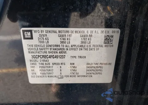 2015 Chevrolet Silverado C1500 Lt из США, поврежденный, VIN 3GCPCREC4FG491237